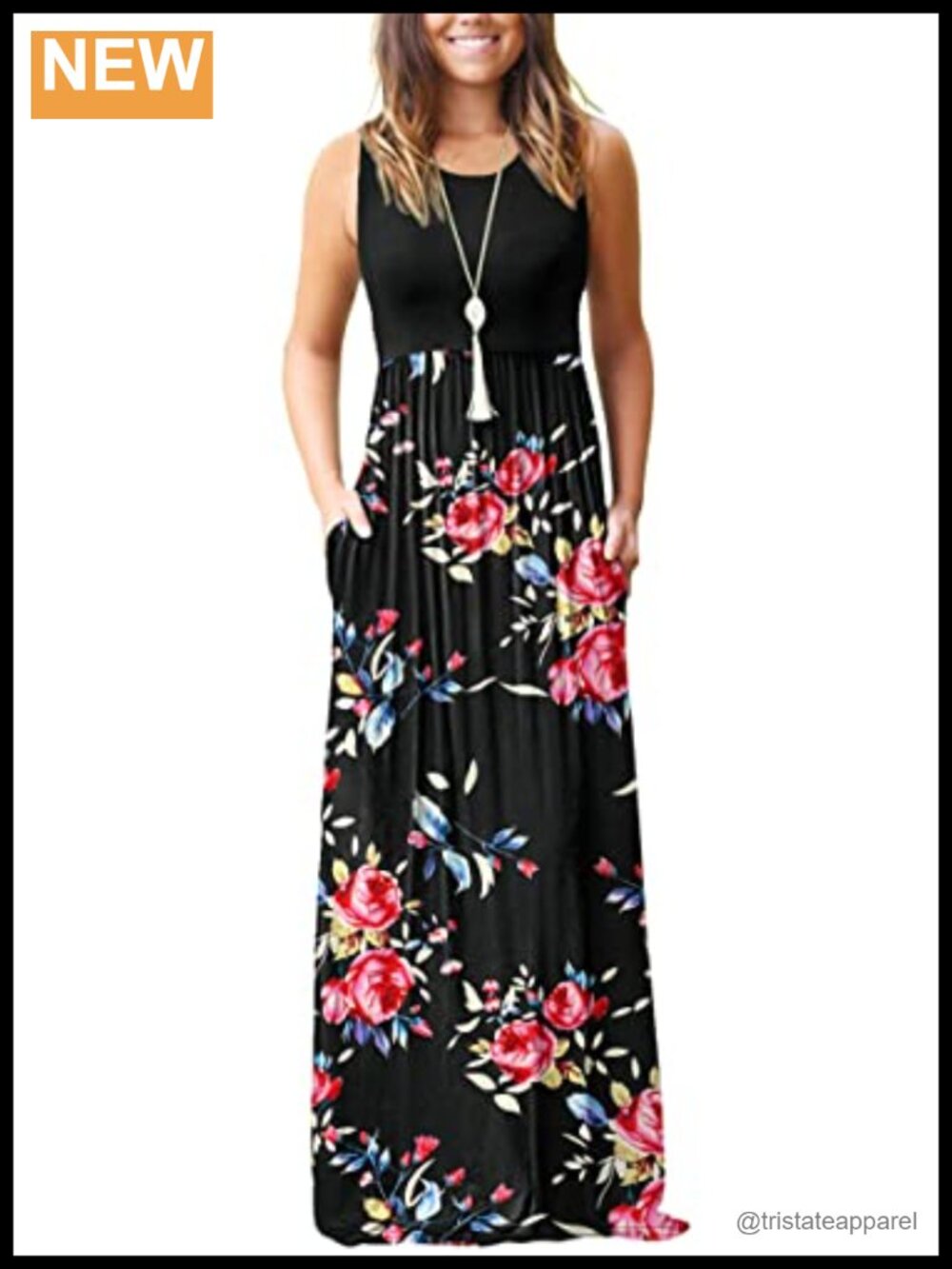Sleeveless Floral Maxi Dress with Pockets Damask Print Casual
